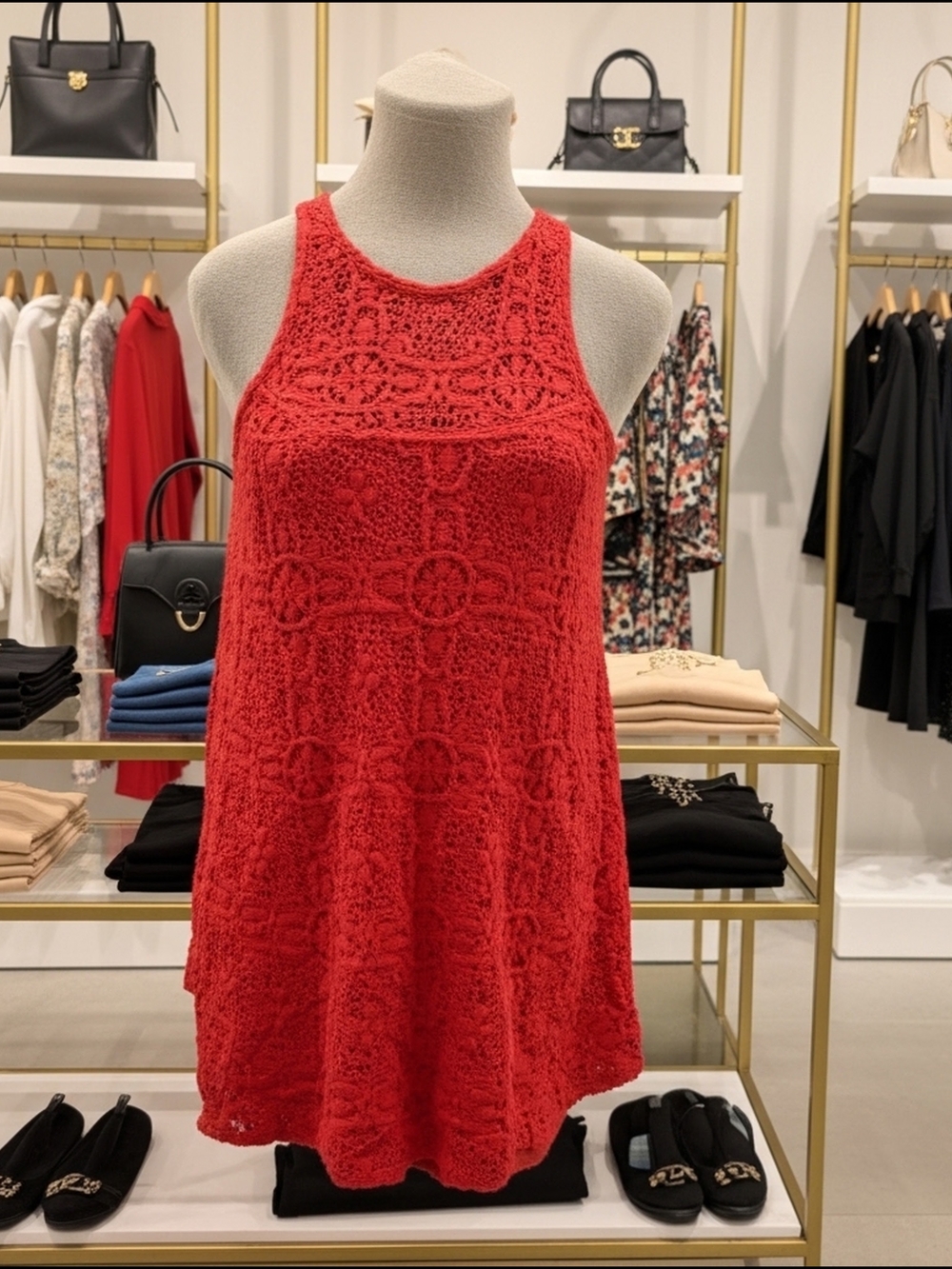Free People Red Crochet Sleeveless Mini Dress Strappy Size XS